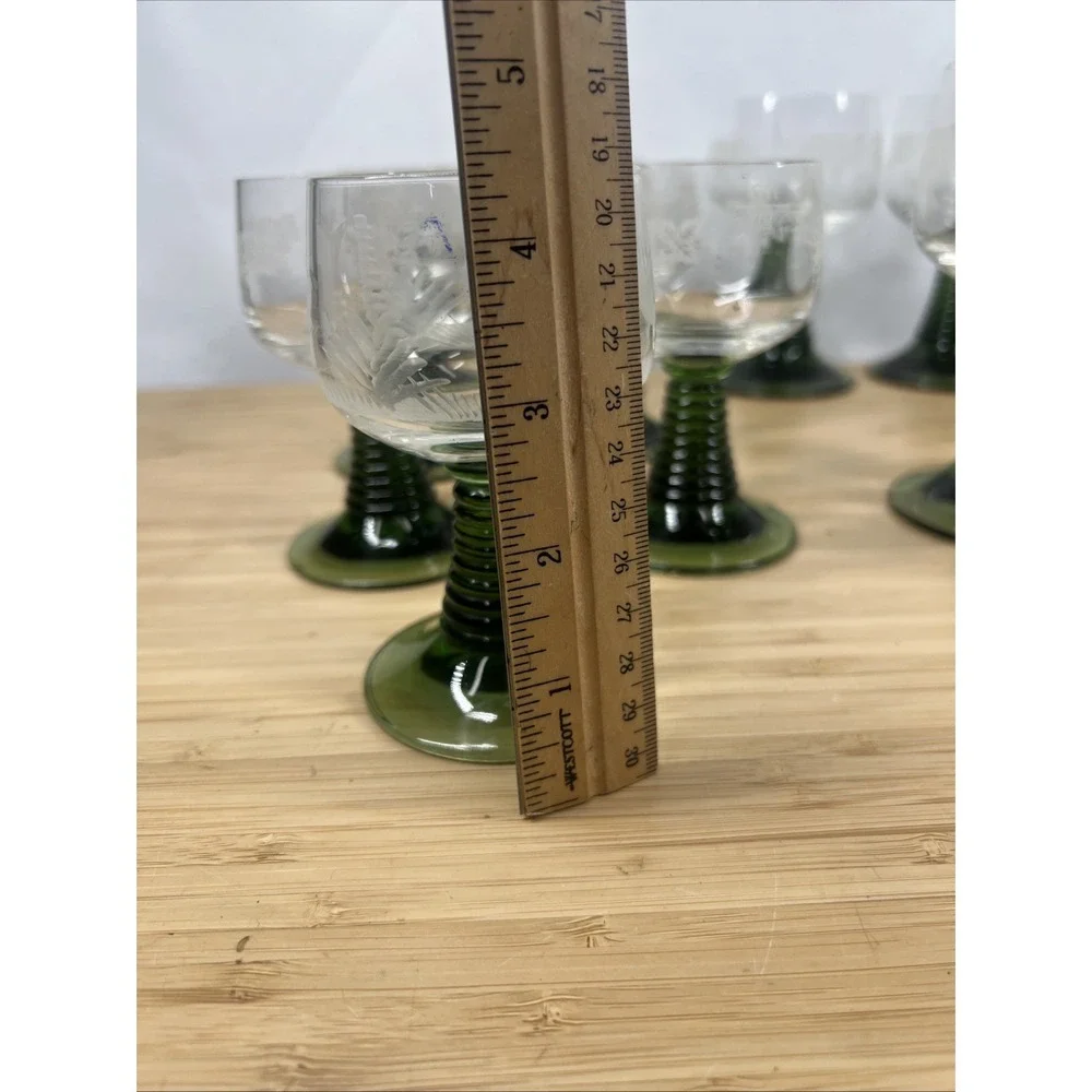 Vintage Beehive Stem Etched Wine Goblets Green Stem‎ Mixed Set of 14